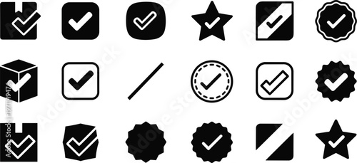 Check Mark Icons Set with Verified Approved and Tick Symbols Black Minimal UI Elements Flat Vector Illustration Collection