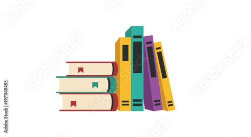 Collection of colorful hardcover books stacked vertically and horizontally representing education, learning, and reading.