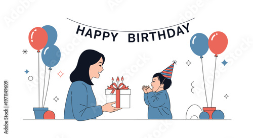 Mother gives a birthday present to her young son who is wearing a party hat during a festive celebration.