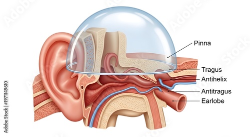 Detailed lateral illustration of the external ear highlighting pinna, tragus, antihelix, antitragus and earlobe, depicting cartilaginous folds that collect and funnel sound waves into the ear canal fo
