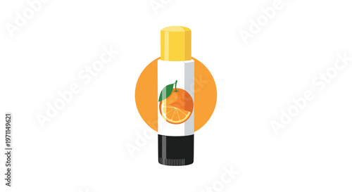 Orange flavored lip balm or lipstick stick is displayed against a bright orange circular background with fruit.