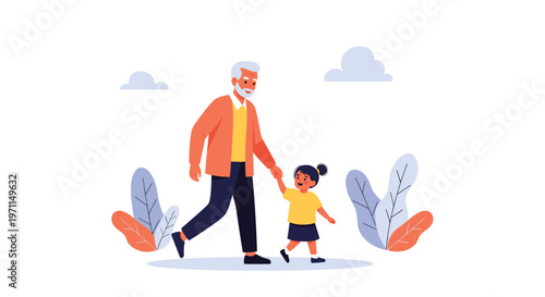 Grandfather holds hands with his small granddaughter while walking together in a park with colorful autumn leaves.