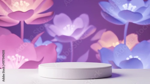 White podium with purple flowers background.