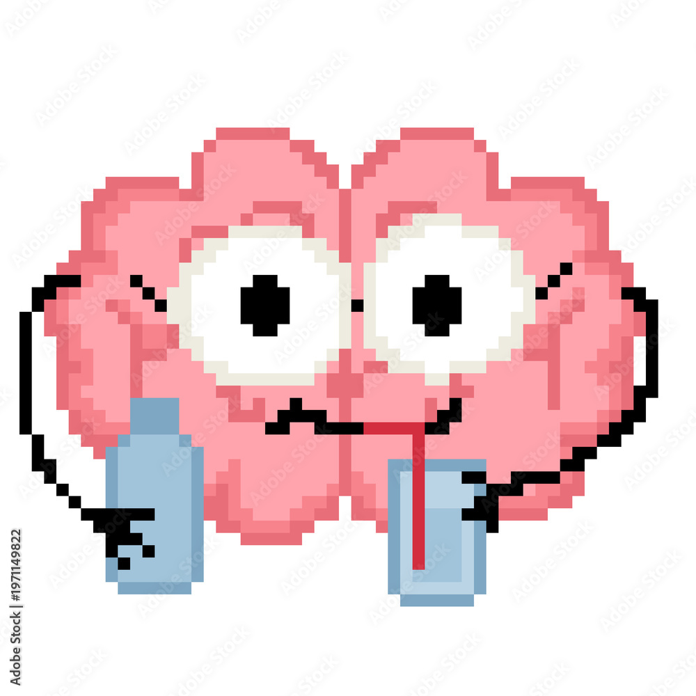 Fototapeta premium Brain character holding water bottle and drinking pixel art icon