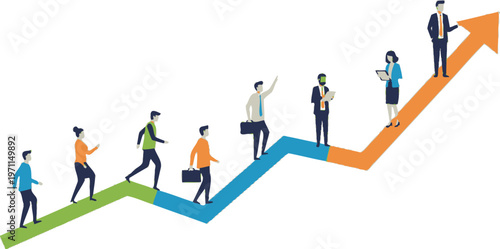 Business people climb an upward trending graph showing professional.