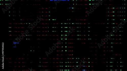 Abstract digital glitch overlay texture with scattered green and red pixelated matrix artifacts on a black background.