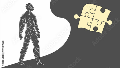 Human figure composed of puzzle pieces with missing part symbolizing incompleteness and self discovery in a conceptual illustration