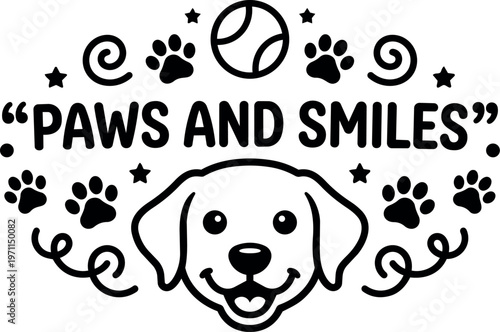 Paws and smiles happy dog face with paw prints and ball vector art