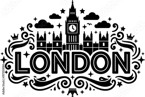 London big ben with decorative swirls and stars