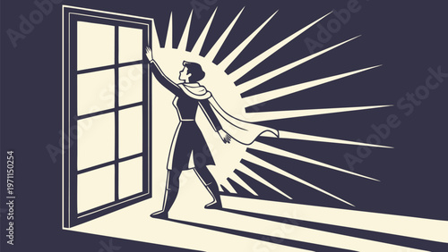 Person in superhero outfit stepping out of a doorway into a bright light