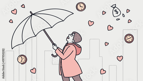 Person holding umbrella with hearts clocks and money floating around in city