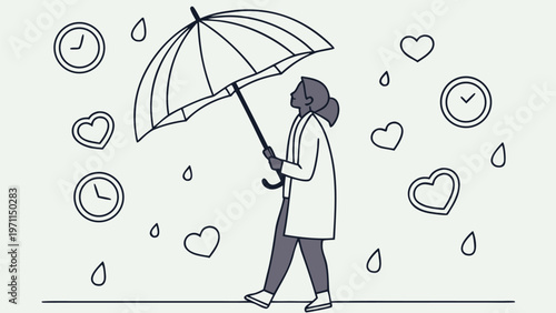 Person holding umbrella under heart rain with clocks symbolizing love and time