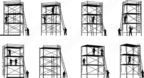 Construction scaffolding silhouettes vector illustration set with workers on platforms isolated black design elements for building maintenance repair and engineering