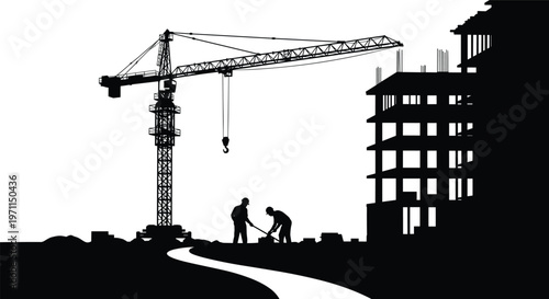 Construction site silhouette vector illustration with crane workers and building structure isolated black design for industry engineering and urban development