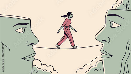 Woman walks tightrope between two giant faces symbolizing balance and inner conflict in a surreal landscape