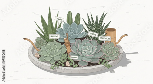 Collection of various succulent plants in a concrete planter with identification labels for botanical garden or home garden decoration