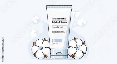 Hypoallergenic daily body cream tube with cotton flowers illustration for skincare and dermatological product packaging design concept