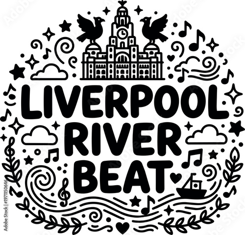 Liverpool river beat lettering with liver birds and waterfront icons black and white vector art