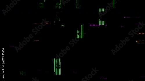 Abstract digital glitch overlay texture with scattered green vertical pixelated data blocks on a black background.