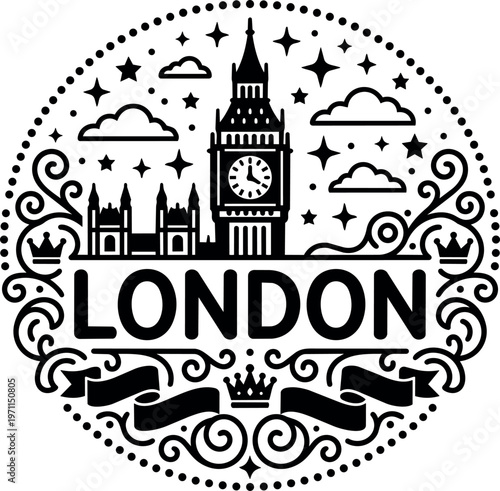 Black and white vintage london skyline with big ben and decorative swirls