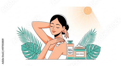 Beautiful young woman applying body cream in tropical environment with palm leaves and sunlight for summer skincare and beauty routine