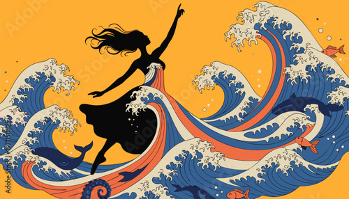 Dancer silhouette transforming into wave on orange background with blue white and red swirls