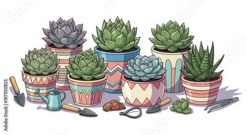 Set of diverse succulent plants in colorful patterned pots with gardening tools like trowel and watering can on white background