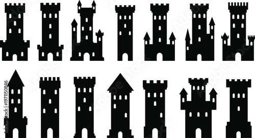 Medieval castle tower silhouettes vector illustration set of fantasy fortress buildings black isolated design elements collection for game architecture