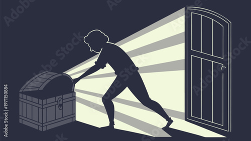 Person opening treasure chest with light shining through doorway symbolizing discovery and opportunity