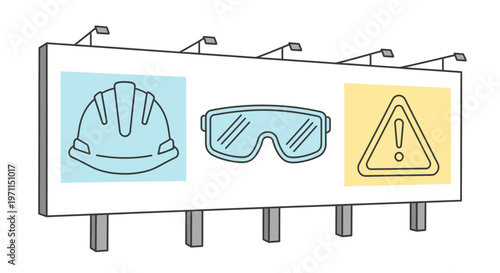 Industrial safety equipment icons on a billboard