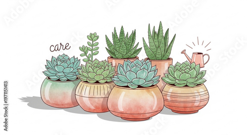 Set of various succulent plants in colorful ceramic pots with a small watering can and hand-lettered care sign for gardening and interior design