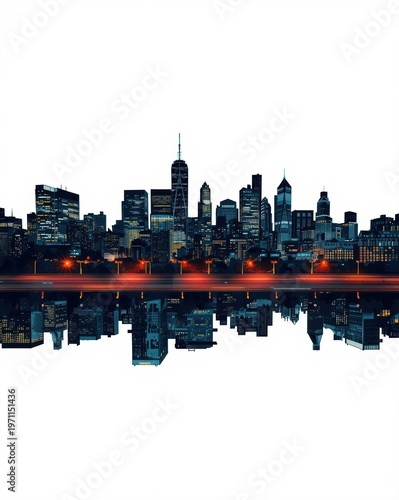 A detailed silhouette of a modern urban city skyline featuring building reflections on water. isolated on white background