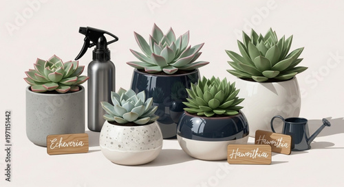 Collection of realistic succulents in various textured pots with a spray bottle and identification labels for indoor gardening and home office decor