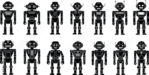 Robot silhouettes vector illustration set of futuristic android characters isolated black design collection for technology artificial intelligence and sci fi projects