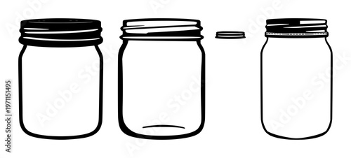 Zero-waste glass mason jar set with solid black icon design featuring eco-friendly container, reusable storage, sustainable lifestyle with food preservation and recycling symbol