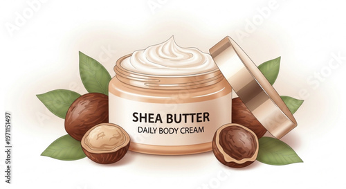 Jar of shea butter body cream with raw shea nuts and green leaves on a soft background for natural skincare and beauty product promotion
