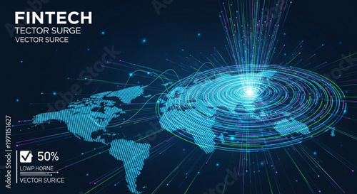 Futuristic fintech data surge visualization featuring a digital world map with network nodes and light trails for global financial technology concept