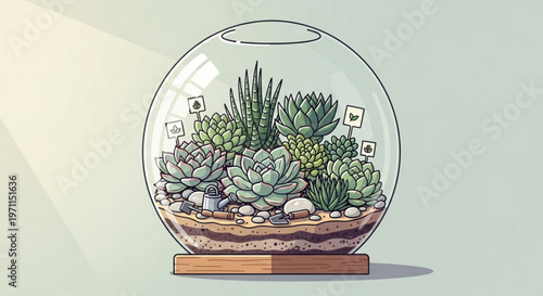 Glass terrarium with succulent plants and gardening tools in a stylish interior setting vector illustration