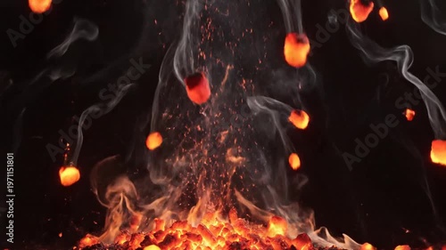 Fiery Explosion of Glowing Embers and Smoke Against Dark Background