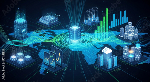 Artificial intelligence and cloud computing infrastructure network connecting global business systems on digital map