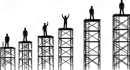 Scaffolding height progression silhouettes vector illustration workers standing on platforms showing growth levels isolated black construction concept design elements