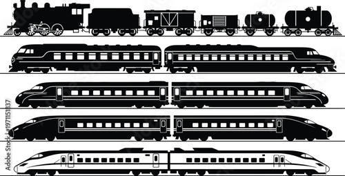 Collection of train silhouettes featuring vintage steam locomotive freight cars and modern high speed electric passenger bullet trains, transport vector icons isolated on white background.