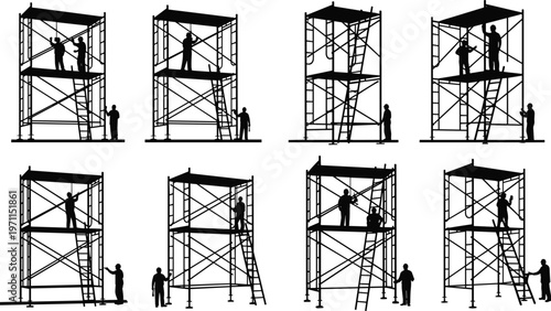 Scaffolding workers silhouettes vector illustration set construction people on platforms isolated black design elements for building maintenance and industrial work