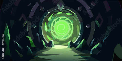 A swirling glowing green portal framed by dark jagged rock formations