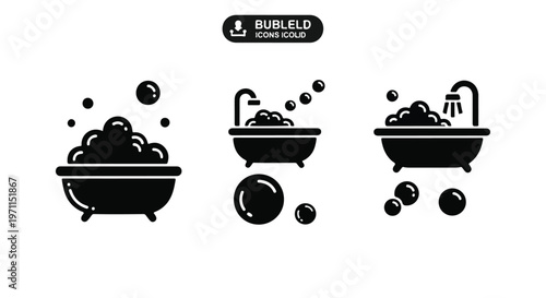 Set of 3 Black Bathtub and Bubble Vector Icons
