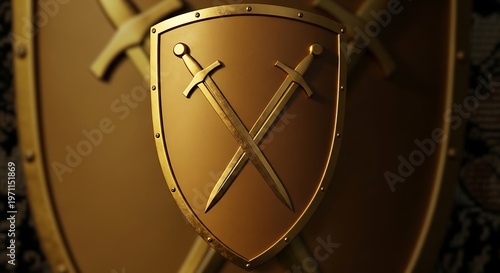 A close up view of a medieval metal shield featuring two crossed swords as a decorative emblem illustration