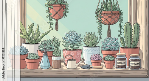 Window sill with a collection of potted succulent plants and gardening equipment in a cozy home interior setting