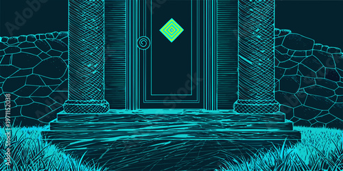 An illuminated doorway framed by columns and stone architecture