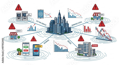 Banking crisis and financial system failure conceptual illustration with closed businesses and ATM out of service signs