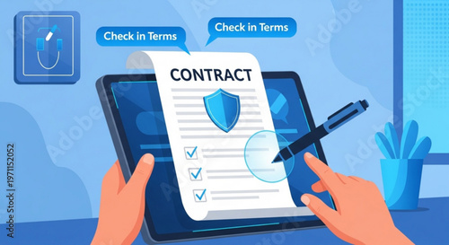 Hand signing a digital contract on a tablet with check in terms and shield icon symbolizing secure online agreement